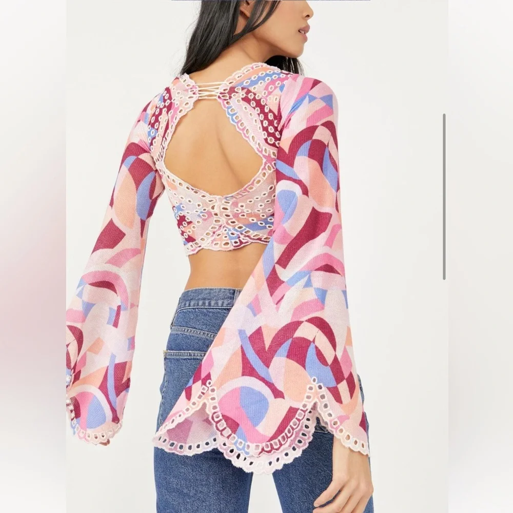NWT Free People Eyes On You Lace Up Top Pacific Combo RARE TRIM COLOR XS